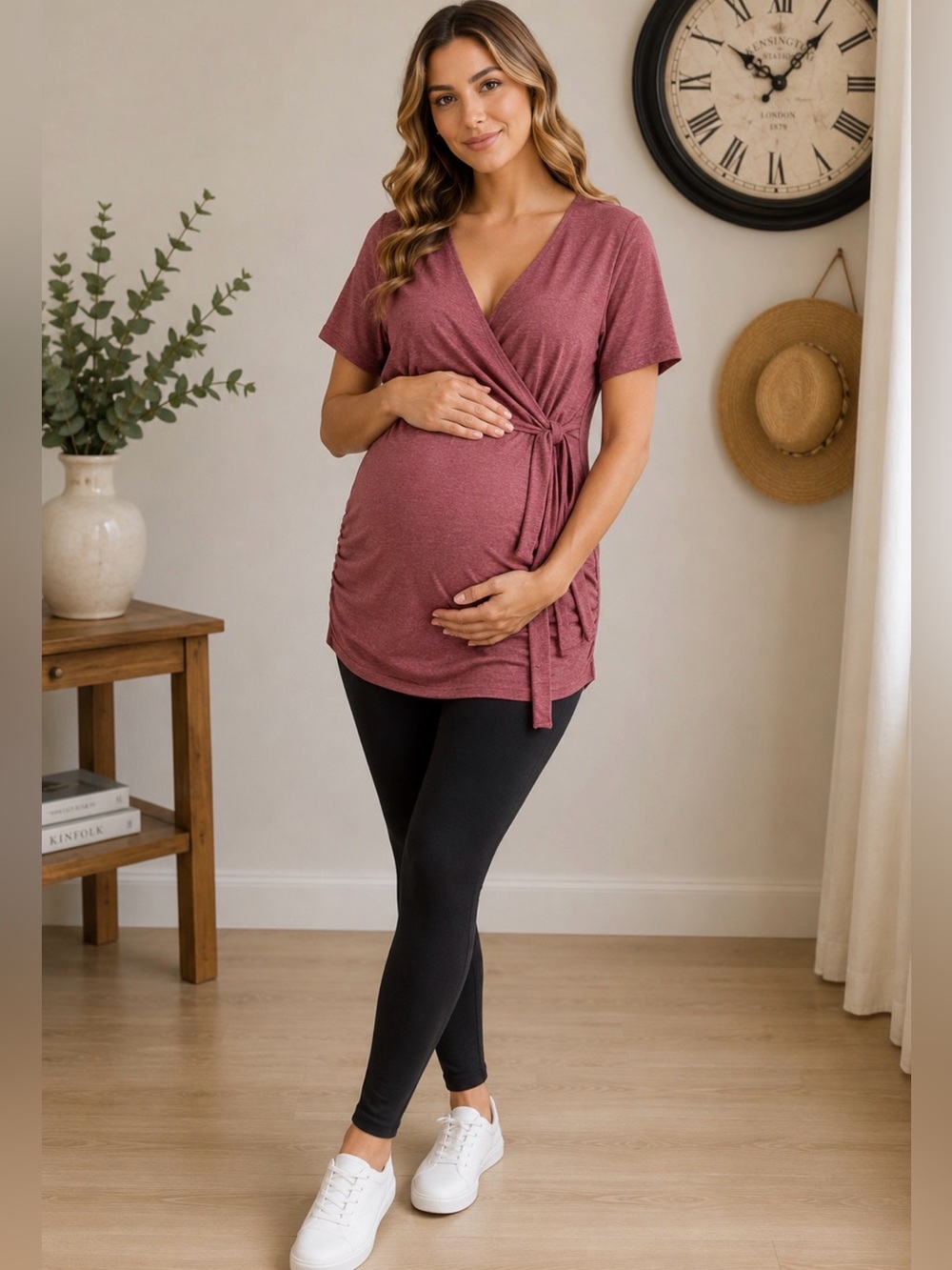 Molliya Red Short Sleeve Wrap Maternity Top Size Large Ruched Sides